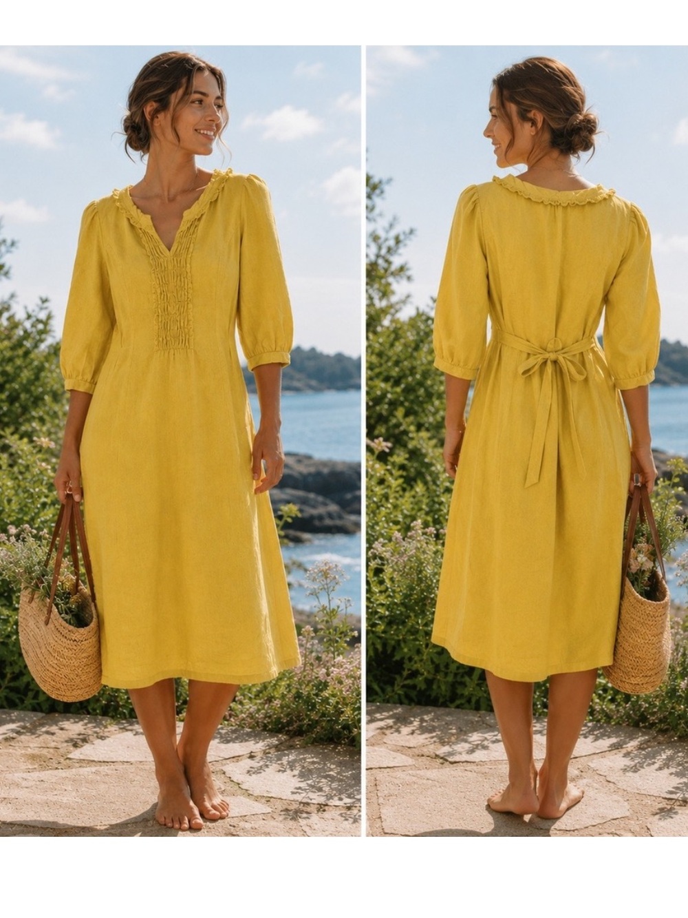 BODEN Yellow Ruffled Front Linen Dress with tie - Picture 9 of 13